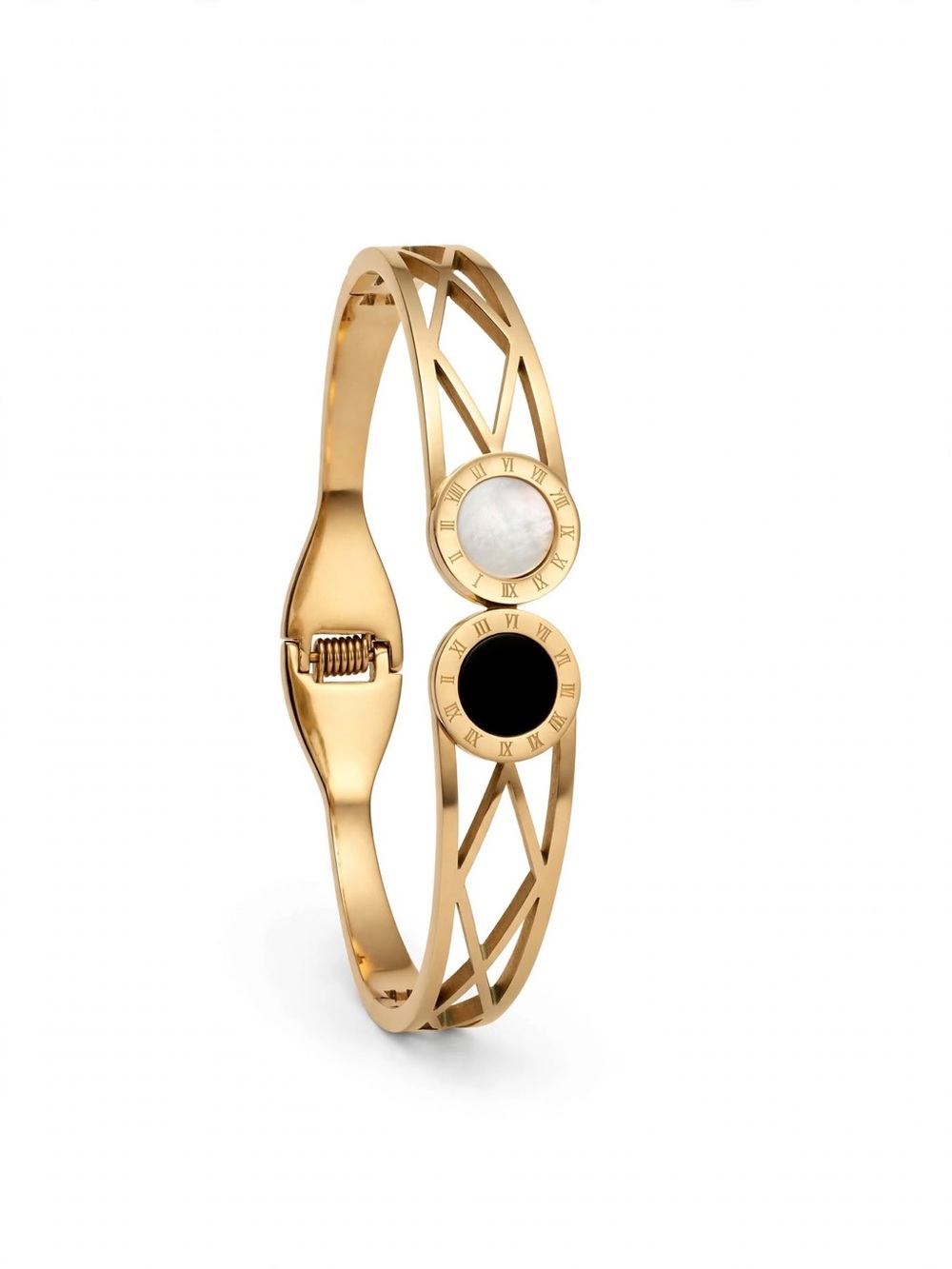 Gold Openwork Bangle with Mother-of-Pearl and Black Onyx Discs